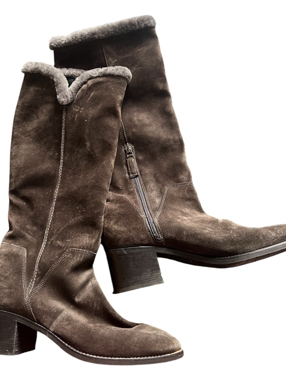 Aquatalia Brown Suede Shearling-Lined Mid-Calf Boots